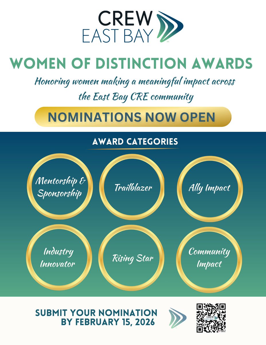 ✨ Because impact deserves recognition. ✨

The nomination deadline for the CREW East Bay Women of Distinction Awards has been extended to February 15th! 

Submit your nomination today!
forms.gle/BxK1614jMNWaUj…
