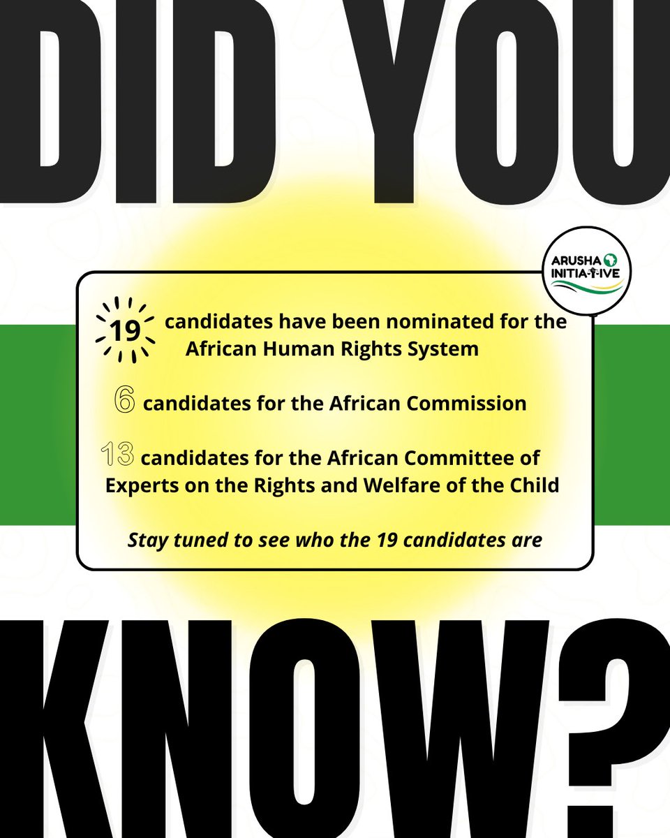 ArushaIntiative's tweet image. 🚨 Nominations submitted to the African Human Rights System.
19 candidates put forward:
6 at the @ACHPR &amp;amp; 13 at the @acerwc 
A key moment for #leadership and #representation.
More to come.
#ArushaInitiative #HumanRights #Africa