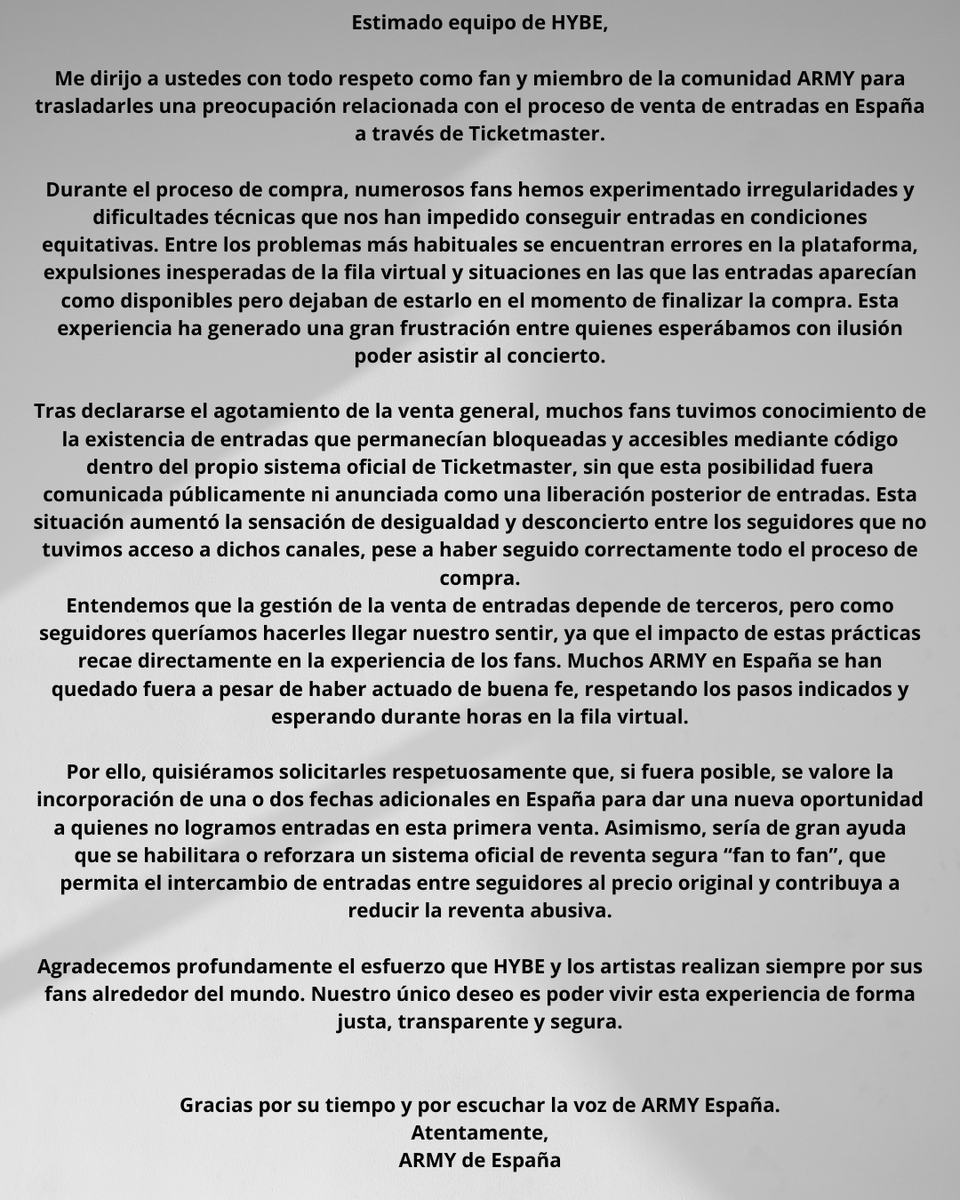 NoemiVGarcia's tweet photo. HYBE, esto no es queja: es una petición de miles de fans 💜ARMY España solo quiere vivir esta experiencia de forma justa, segura y transparente. Por favor, escuchen a sus fans en España 🇪🇸
Compartir ayuda mucho 🙏
@HYBEOFFICIALtwt @bts_bighit 
 #HYBE #ARMYSPAIN #BTSARMY #BTS https://t.co/nqtHtH8sr3