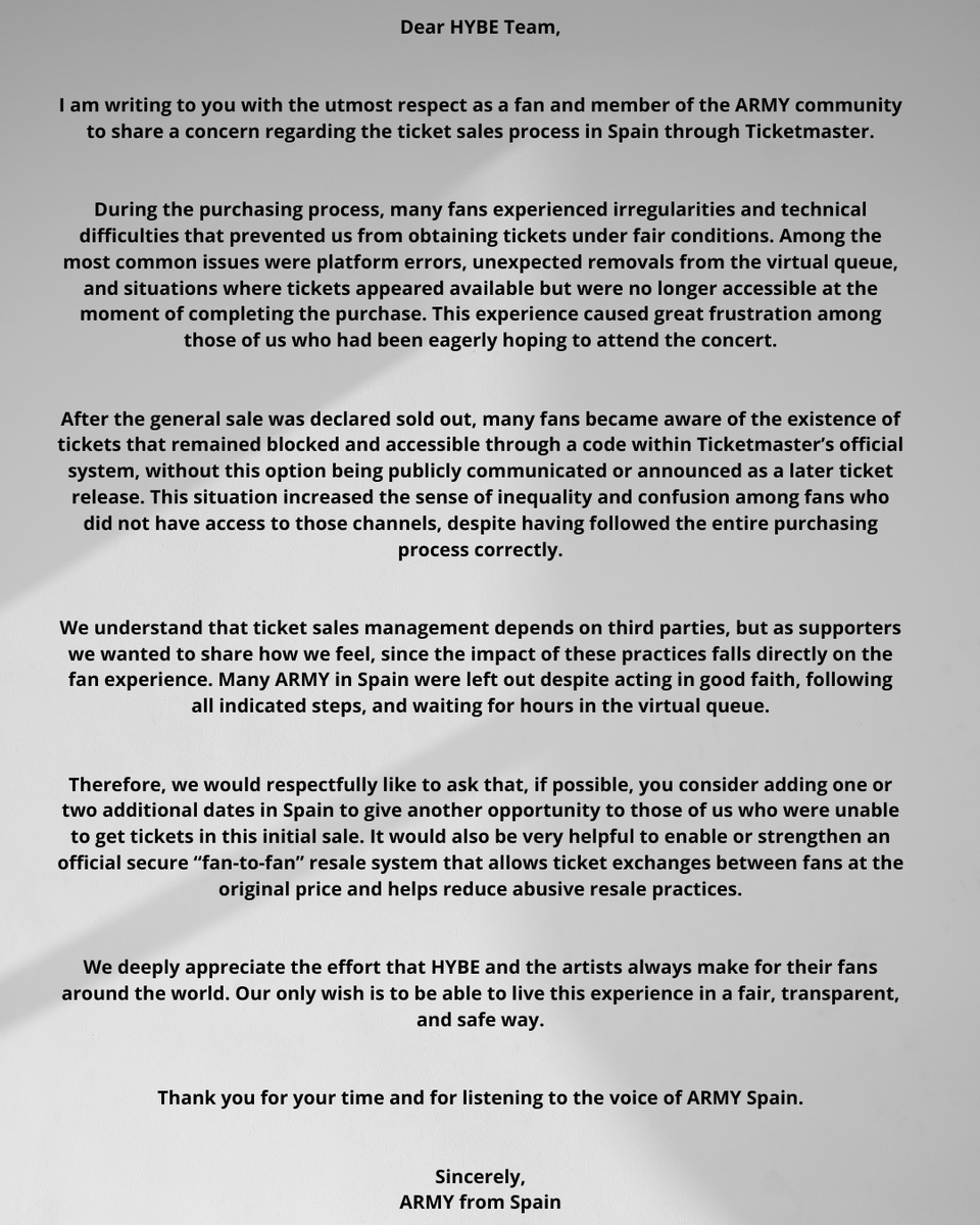 NoemiVGarcia's tweet photo. HYBE, esto no es queja: es una petición de miles de fans 💜ARMY España solo quiere vivir esta experiencia de forma justa, segura y transparente. Por favor, escuchen a sus fans en España 🇪🇸
Compartir ayuda mucho 🙏
@HYBEOFFICIALtwt @bts_bighit 
 #HYBE #ARMYSPAIN #BTSARMY #BTS https://t.co/nqtHtH8sr3