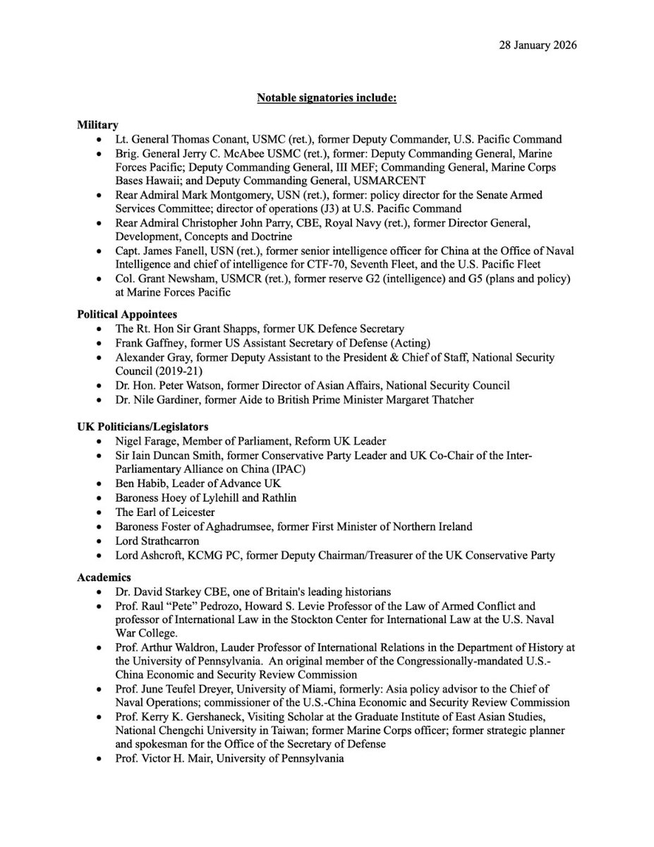 CleoPaskal's tweet image. What do the former UK Defence Secretary, former US Assistant Secretary of Defense, retired Admirals, retired Generals, former NSC staffers, former Congressional Commissioners, politicians from across the British political spectrum, (including Nigel Farage, Sir Iain Duncan Smith,…