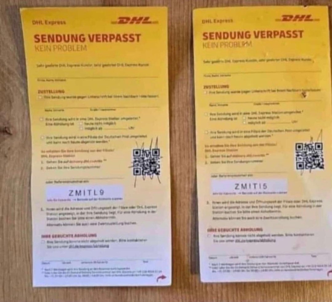 ❗🚨Achtung Betrugsmasche 🚨 ❗
1/2 Aktuell werden wieder vermehrt solche Benachrichtigungen in Briefkästen gefunden,in der mitgeteilt wird,daß angeblich eine DHL Sendung nicht zugestellt werden konnte 
Dabei handelt es sich um sogenanntes Quishing - Phishing per QR-Code.
🔽