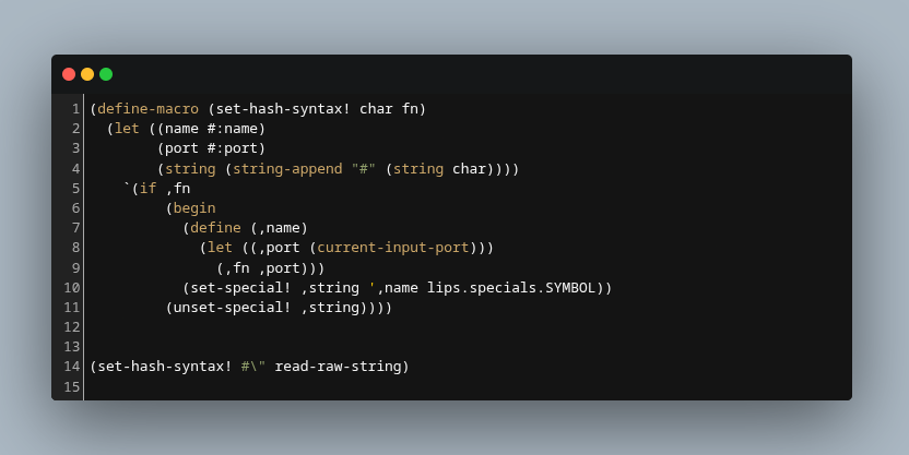 LIPS_scheme's tweet photo. SRFI 267: Raw String Syntax example implementation inspired the creation of the LIPS Scheme macro to define new hash syntax. Which are a poor man's syntax extensions.

It works out of the box with the current beta version of LIPS.

Link to SRFI in the comments 👇

#Scheme #lisp https://t.co/kcMRNS7Fzr