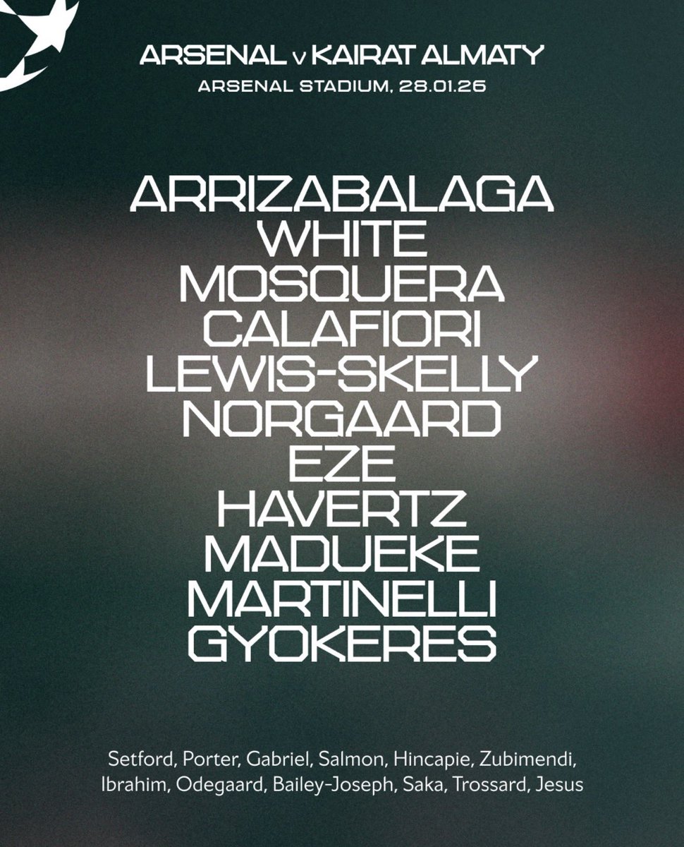 🚨 JUST IN! ✨

Arsenal’s XI to face Kairat Almaty. 🤩