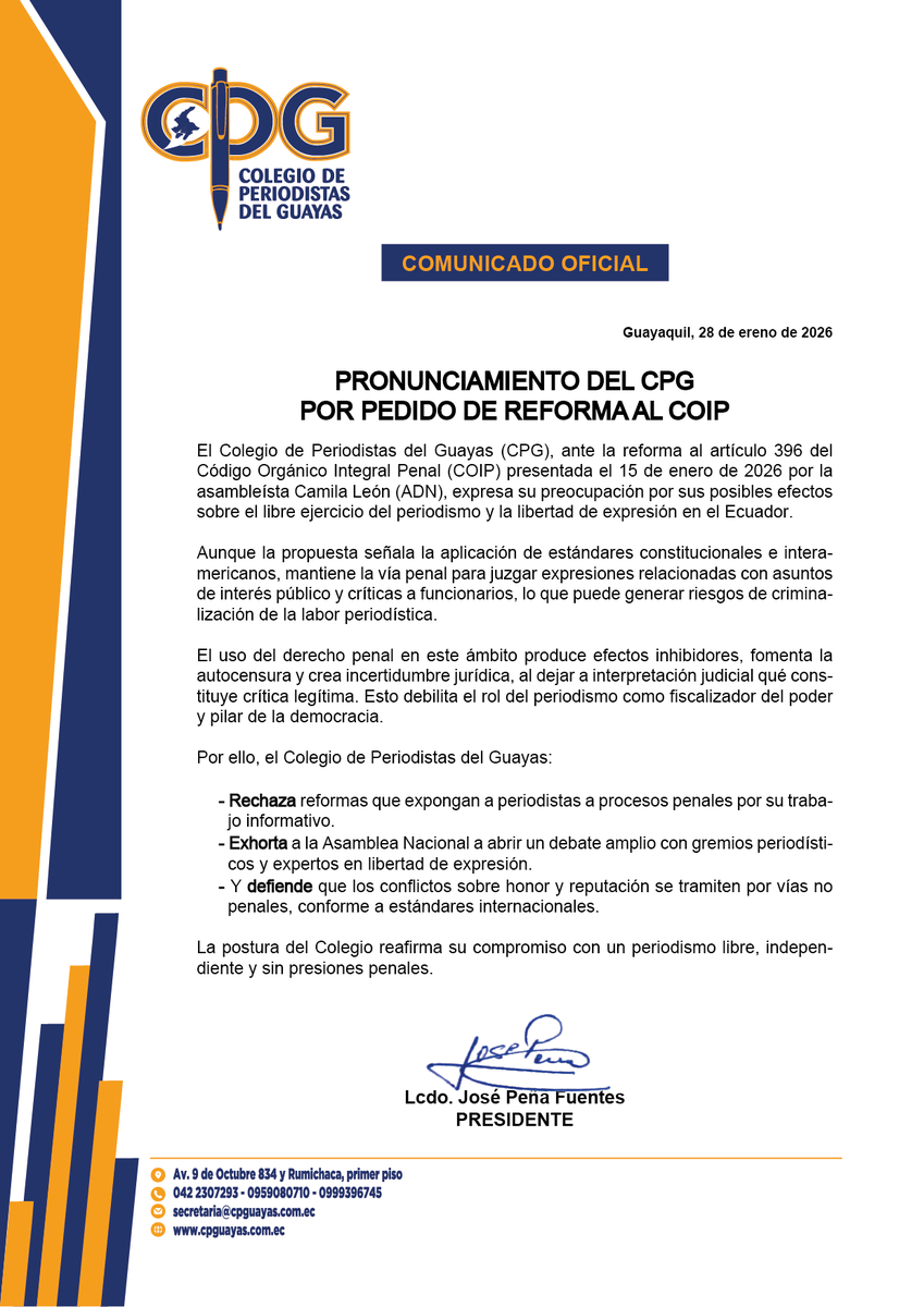 CPGuayas's tweet photo. El Colegio de Periodistas del Guayas:
Rechaza reformas que expongan a periodistas a procesos penales por su trabajo.
Exhorta a la Asamblea Nacional a abrir un debate con gremios periodísticos.
Y defiende que los conflictos sobre honor y reputación se tramiten por vías no penales. https://t.co/t91wAU37mZ