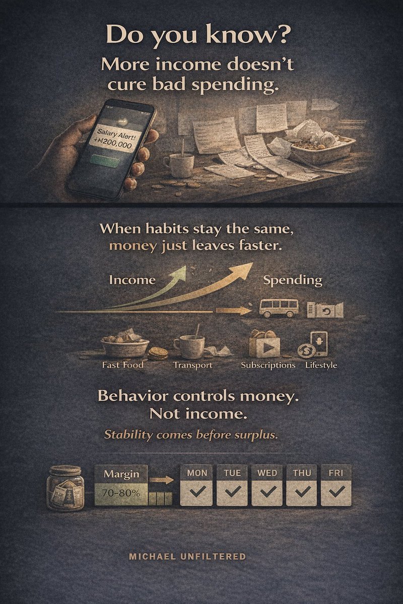 An increase in income will not solve your bad spending habit.

If you spend ₦98 out of every ₦100 today, earning ₦200 tomorrow won’t save you.
You’ll just spend ₦196 and feel broke again, only at a higher level.