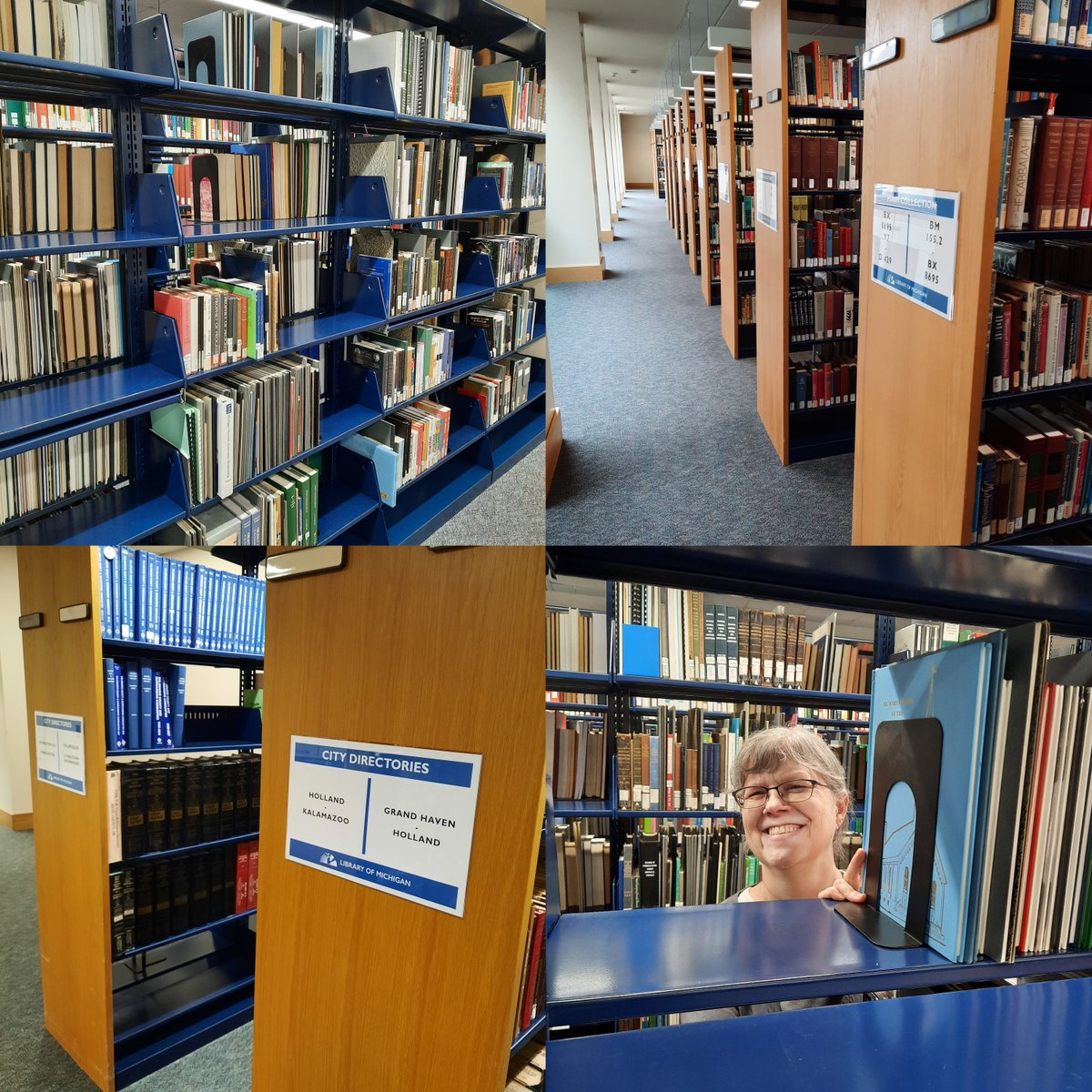 LibraryofMich's tweet photo. For #LibraryShelfie Day we give a special kudos to our Library Tech Libby Thompson. On top of the countless #behindthescenes activities Libby does, she is doing a major shift amongst the #LibraryofMi's collections and updating signage throughout the project. https://t.co/IULhn9Zvul
