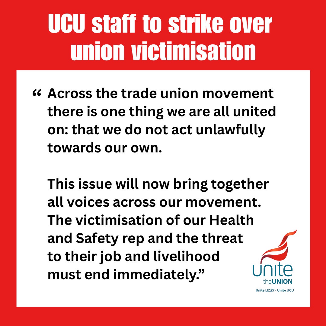 Regrettably our members will be commencing strike action from 9 February over the victimisation of our Health and Safety Officer.

uniteucu.wordpress.com/2026/01/28/ucu…