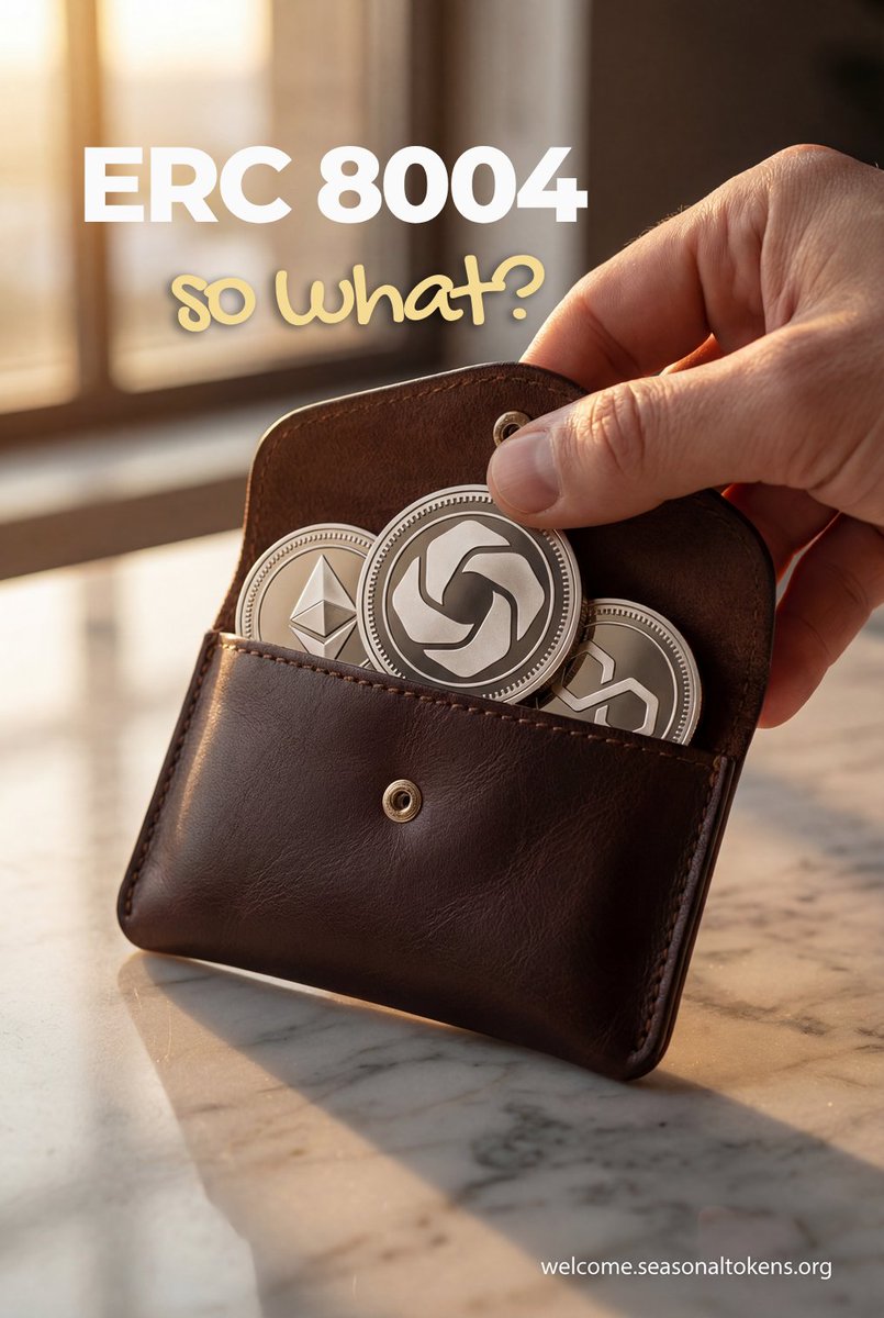 Seasonal_Tokens's tweet photo. Most crypto wallets work like a single master key:
lose the key, and everything is gone.

ERC-8004 changes that idea.
It lets a wallet behave like a smart account with rules.

With #ERC8004, a wallet can:

Use multiple keys instead of one
Give different permissions to different keys
Limit what an app or bot is allowed to do
Enable recovery if a key is lost

So ownership is no longer “all or nothing.”
You keep self-custody, but with safety rails.