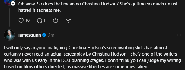 homeofdcu's tweet image. James Gunn defends Christina Hodson as a writer.