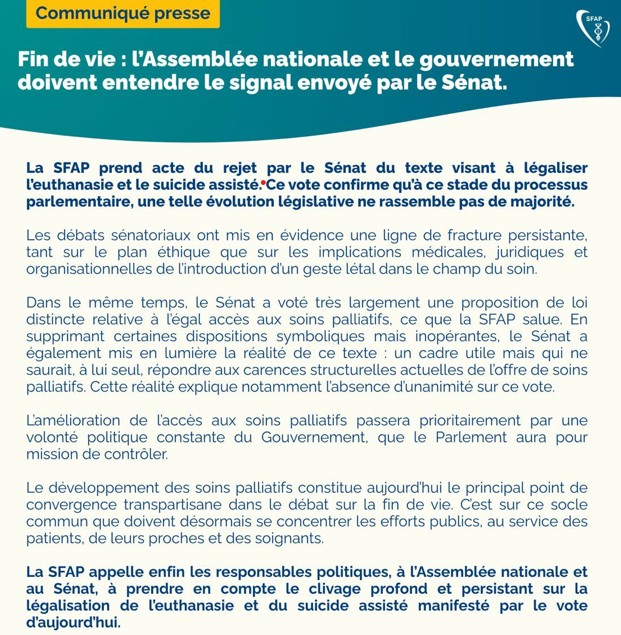 asso_SFAP's tweet photo. Fin de vie : un signal fort du Sénat à entendre #findevie #senat  #votesenat #soinpalliatif #actualite #sfap #assembleenat https://t.co/1Knuy6bJpa