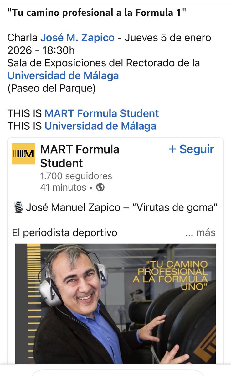 Pues ya lo han soltado

Nos vemos la tarde del próximo día 5 de febrero en el rectorado de Málaga 

Bueno, si te interesa trabajar en la Fórmula 1, claro