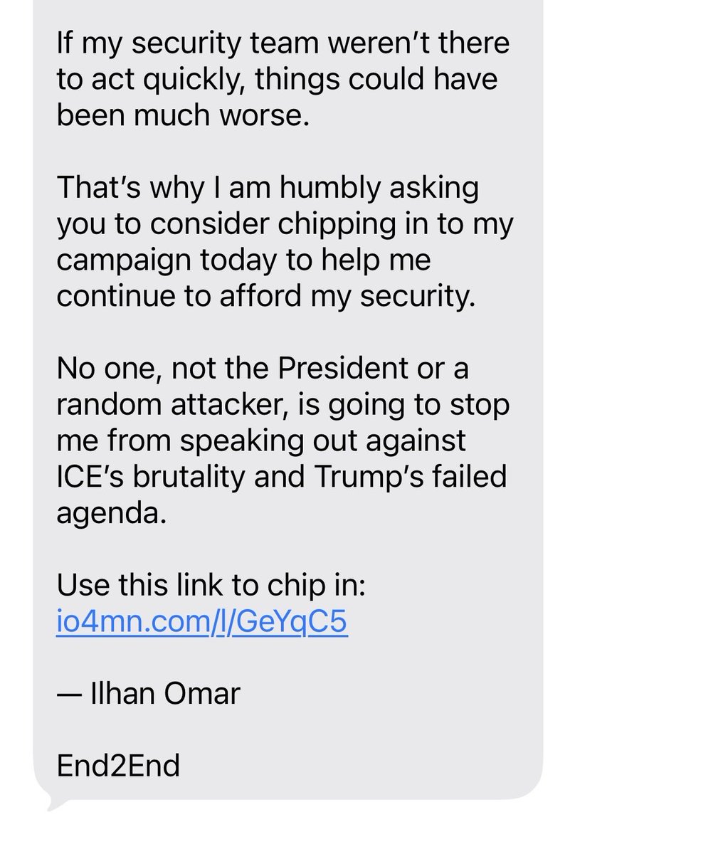 atensnut's tweet photo. Unbelievable.  I guess the millions @IlhanMN stole from us wasn’t enough.  

Now she’s sending out texts for donations. https://t.co/xsKM0w9VzO