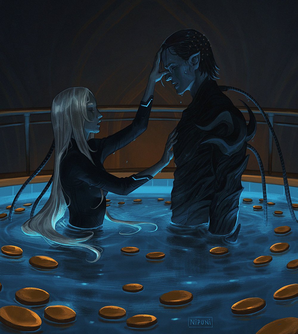 NipuniDraws's tweet image. "Breathe. We are almost there" The Drifter and Roathe in the Dark Refractory unlocking his memories ☺️#warframe #roathe #tennocreate #warframefanart