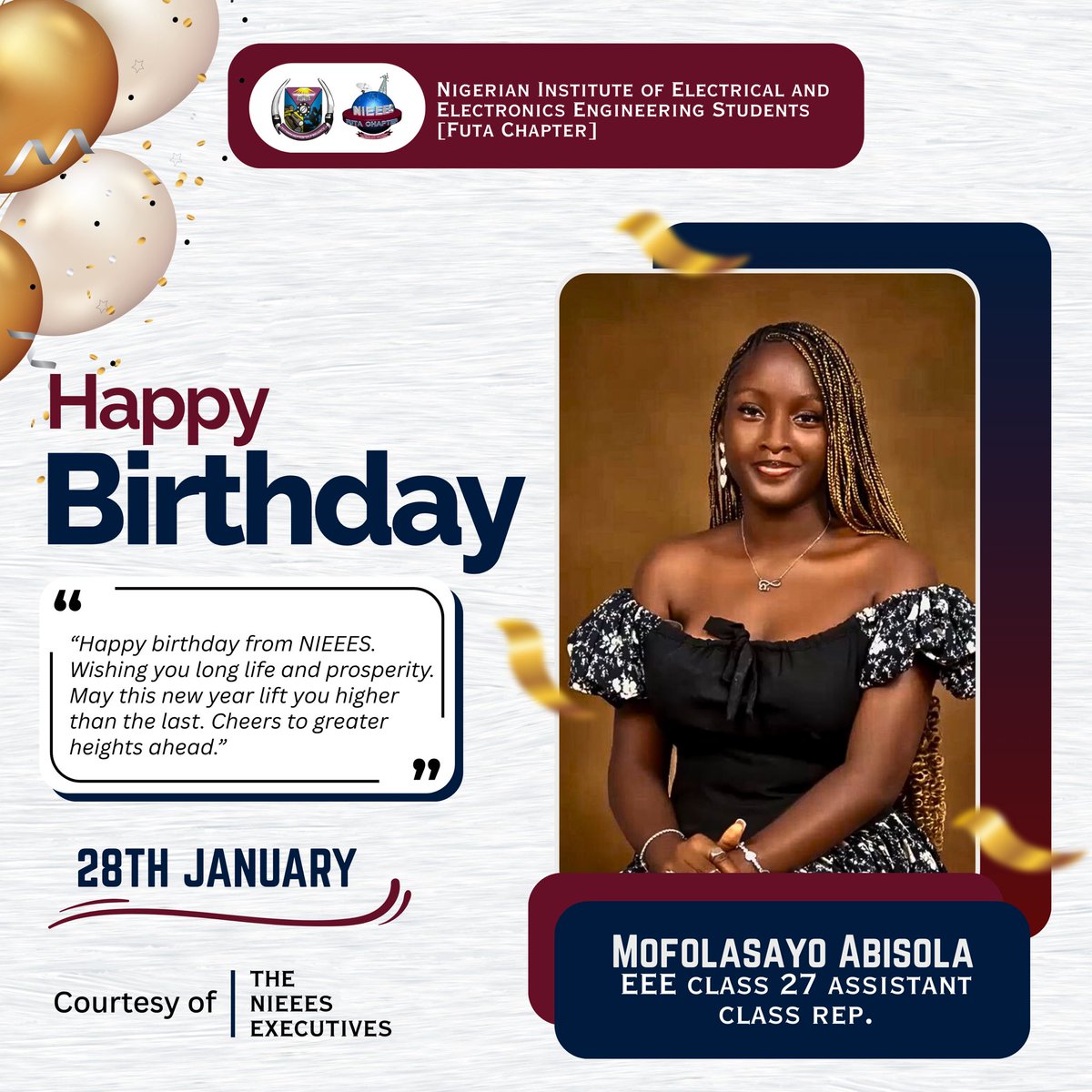 NIEEES_FUTA_'s tweet photo. Happy Birthday Mofolasayo Abisola.🥳

Thank you for being a resourceful and impactful leader. Your leadership and support has contributed to our success as an institute. 

Stay blessed and enjoy your day to the fullest!👌 https://t.co/jOoofy0jmw