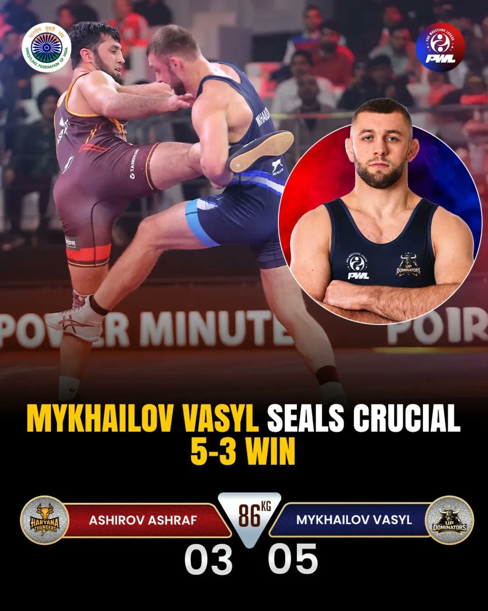 Tight contest till the end. Mykhailov Vasyl (UP Dominators) edges Ashirov Ashraf (Haryana Thunders) 5–3 in an important clash. UP stay right in the fight. #mykhailovvasyl #updominators #haryanathunders #pwl #trendingnow