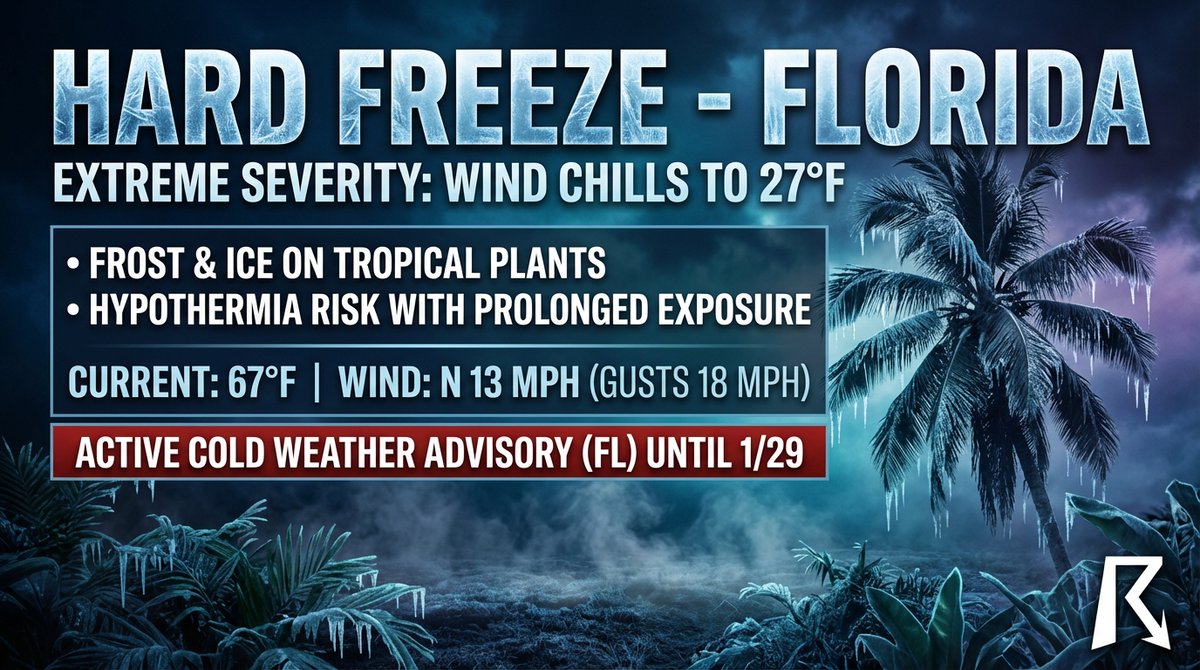 [Tampa, FL]: Hard Freeze Warnings are up. Tonight isn't just "chilly" - it's pipe-bursting weather for the Sunshine State. Protect plants, pets, and pipes immediately. This Arctic air is no joke. We're LIVE monitoring the freeze line. #FLwx #ColdWave