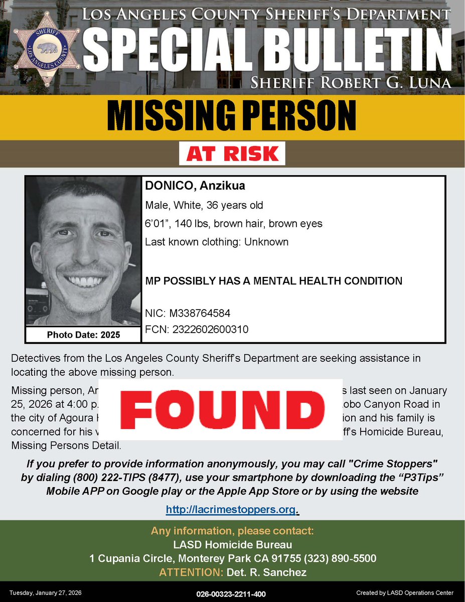 *UPD* #LASD is Advising At-Risk Missing Person, Anzikua Donico Has Been Located #AgouraHills - local.nixle.com/alert/12159167/