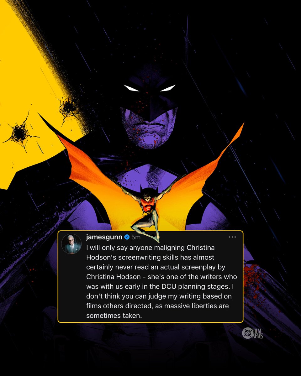 James Gunn pushes back on criticism of Christina Hodson’s screenwriting, noting her early involvement in the DCU’s planning:

“Anyone maligning Christina Hodson's screenwriting skills has almost certainly never read an actual screenplay by Christina Hodson.”