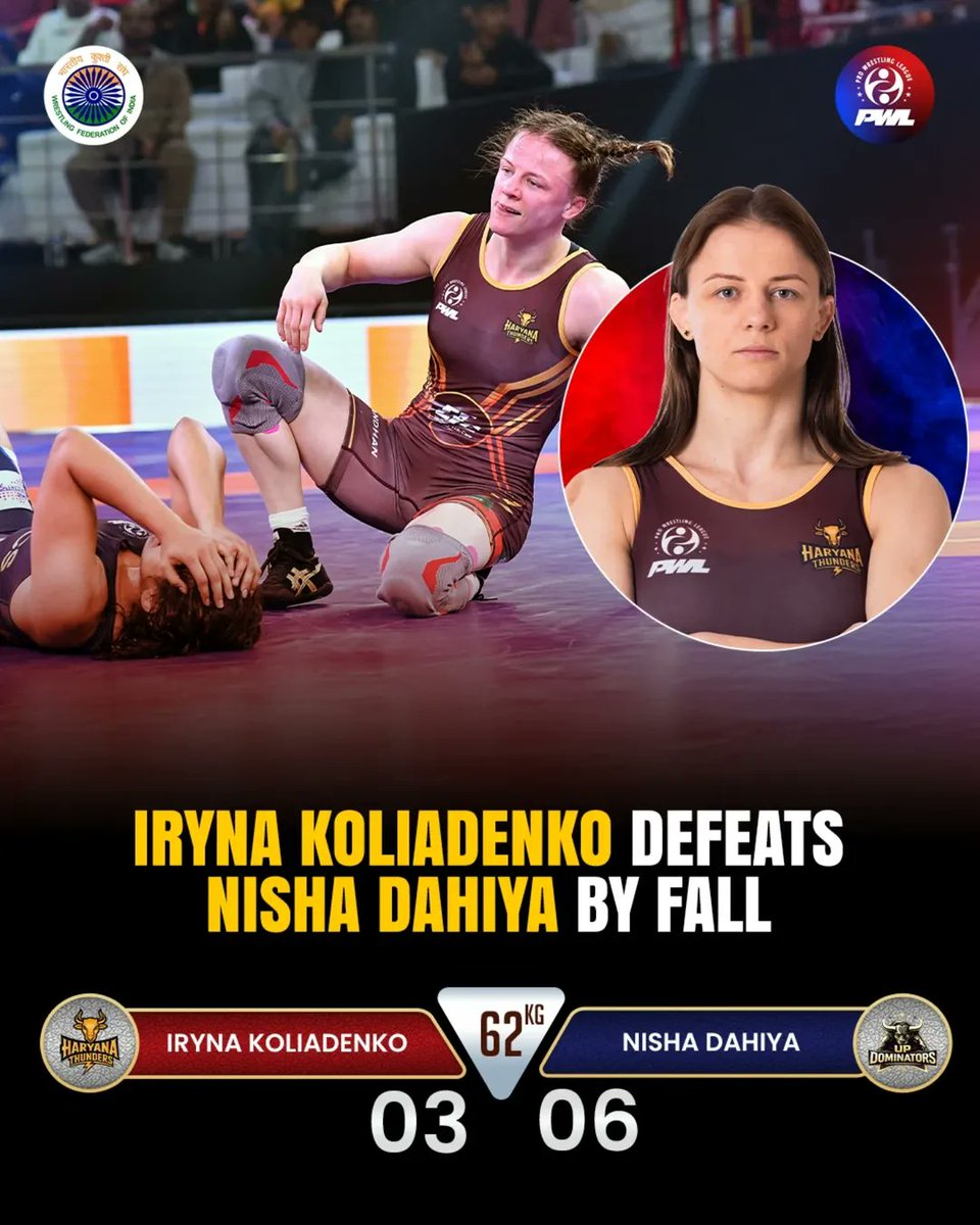 Decisive finish on the mat. Iryna Koliadenko (Haryana Thunders) overcomes Nisha Dahiya (UP Dominators) by Fall in commanding fashion. A powerful moment for Haryana. #irynakoliadenko #haryanathunders #updominators #pwl #trendingnow