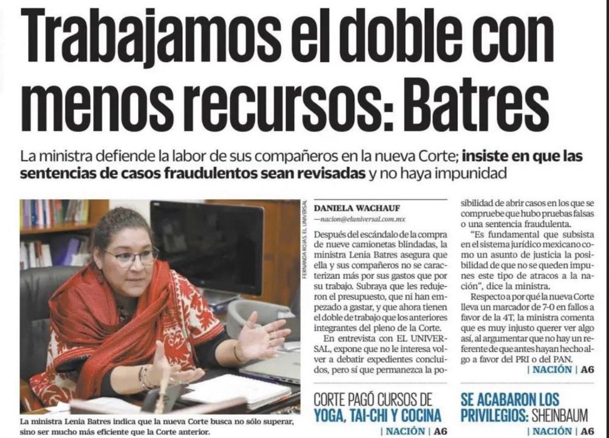Ministra Lenia Batres <a href="/LeniaBatres/">Lenia Batres</a> , usted percibe un sueldo anual de $2,876,200.00 y cuenta con 78 colaboradores entre asesores jurídicos, actuarios, enlace administrativo, personal de apoyo técnico, secretaria particular, secretaria privada, chofer y asistentes que cuestan a