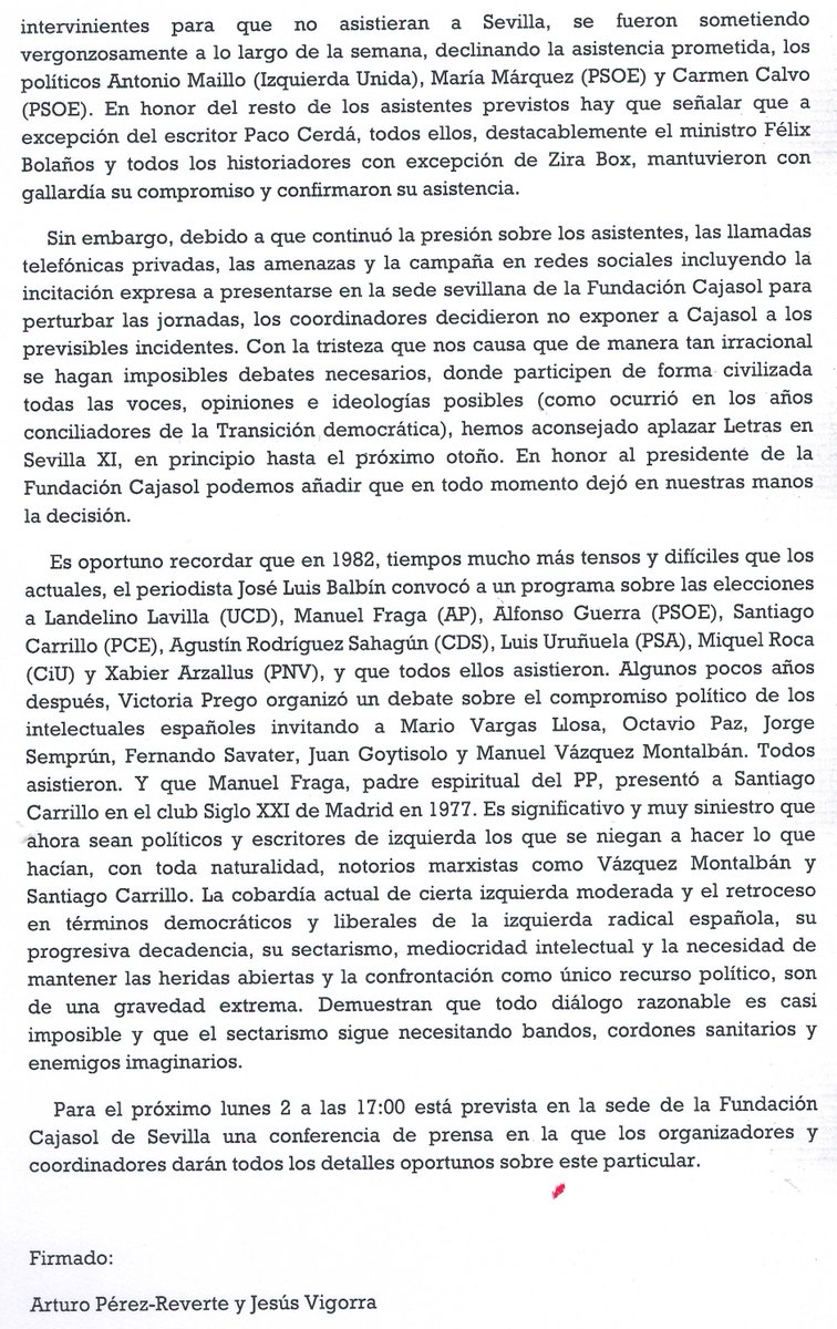perezreverte's tweet image. Por estas razones hemos aplazado lado la undécima edición de "Letras en Sevilla".
Quizá les interese leer el comunicado completo.