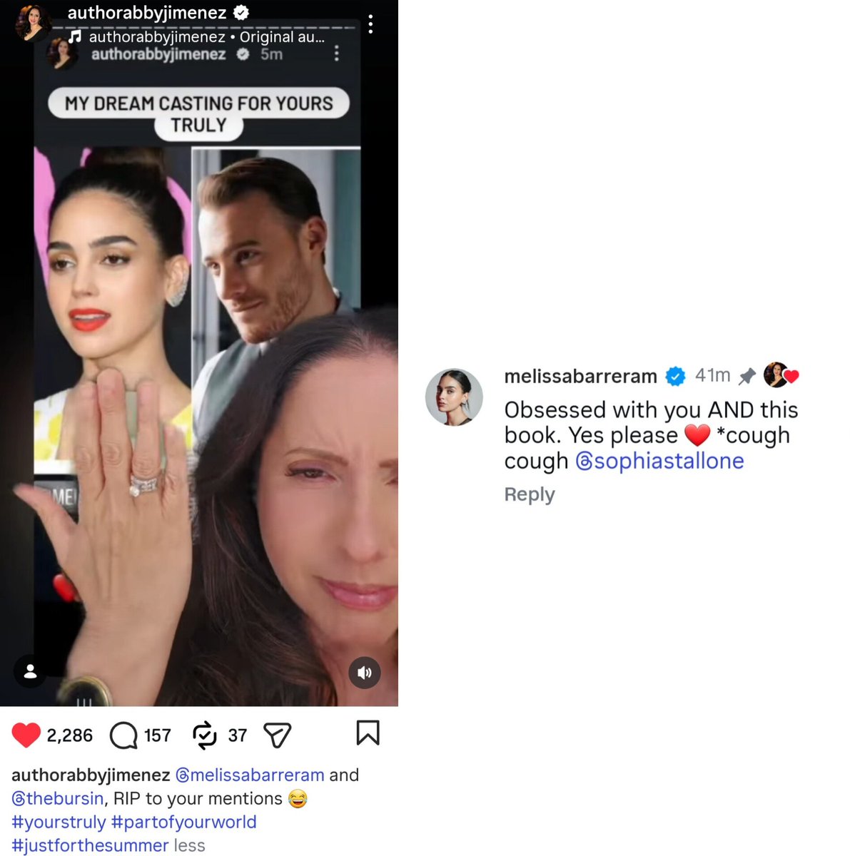 _Arnav_Khushi_'s tweet image. Omggg Abby posted about Kerem and Melissa as her dream casting for Jacob and Bri today and how it went viral after the adaptation announcement yesterday... manifesting energies assembling yes please. 🧘🏾‍♀️🔮🙏🏻 #YoursTruly #KeremBürsin #MelissaBarrera