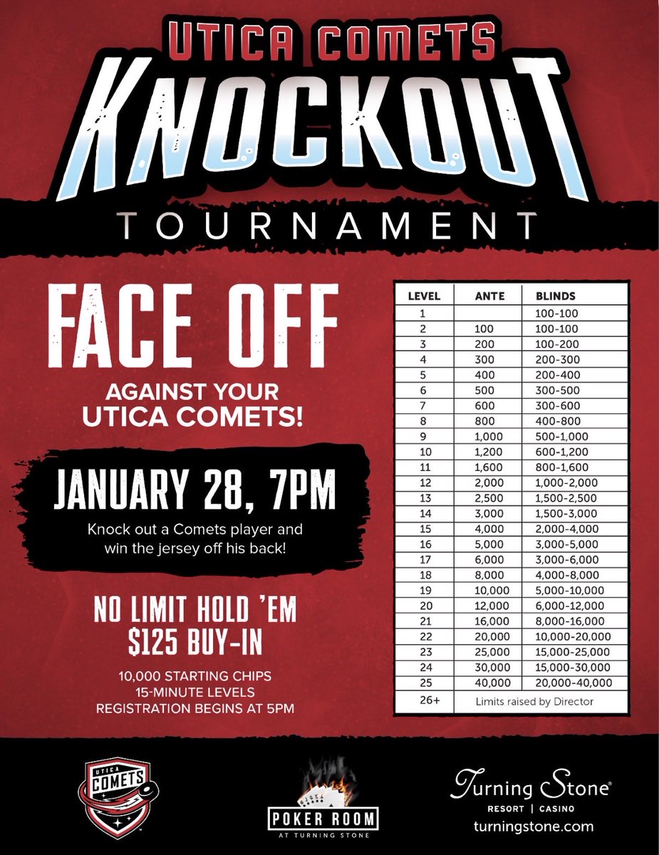 TSPoker's tweet image. TONIGHT! 

Make plans to be @TSPoker at 7pm to #faceoff against your favorite @UticaComets #hockey player in our annual #Knockout NLH tournament @TurningStone!

Eliminate any Comets player &amp;amp; he will remove his Jersey, sign it, and give it to you! #poker