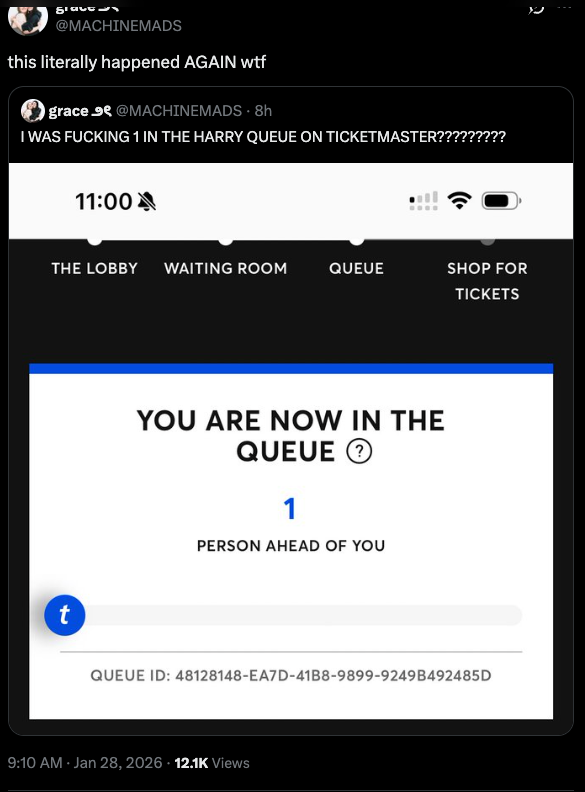 hey <a href="/Ticketmaster/">Ticketmaster</a> <a href="/TicketmasterUK/">ticketmasteruk</a> you really should expect a lawsuit because we KNOW queue position is not randomly assigned. every account gets approximately the same queue position for every sale. we see it happen over and over. you're so fraudulent it's insane.