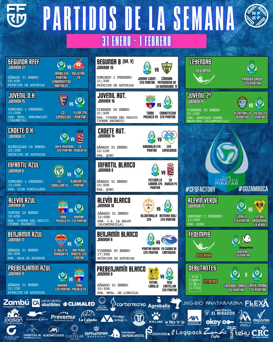 CFS_Pinatar's tweet image. ✊🏻¡Preparados para volver a disfrutar viendo a nuestros jugadores defender los colores del club con 𝐫𝐞𝐬𝐩𝐞𝐭𝐨, 𝐨𝐫𝐠𝐮𝐥𝐥𝐨 𝐲 𝐬𝐚𝐜𝐫𝐢𝐟𝐢𝐜𝐢𝐨!

🖼️Este es el calendario de partidos de la semana para los equipos del club 

#GOZambúCA #GOPinatar #CFSFactory