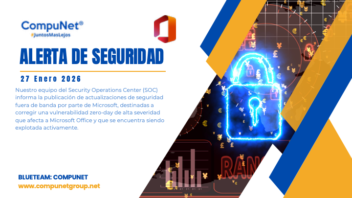 CompunetChile's tweet photo. 🚨 Alerta Ciberseguridad | Microsoft Office
Nuestro SOC detecta vulnerabilidad zero-day activamente explotada.
🆔 CVE-2026-21509 | CVSS 7.8
Permite evadir controles COM/OLE mediante archivos maliciosos.
👉 Actualiza de inmediato.
#Ciberseguridad #ZeroDay #MicrosoftOffice 🔐 https://t.co/GHRhdxPGL7