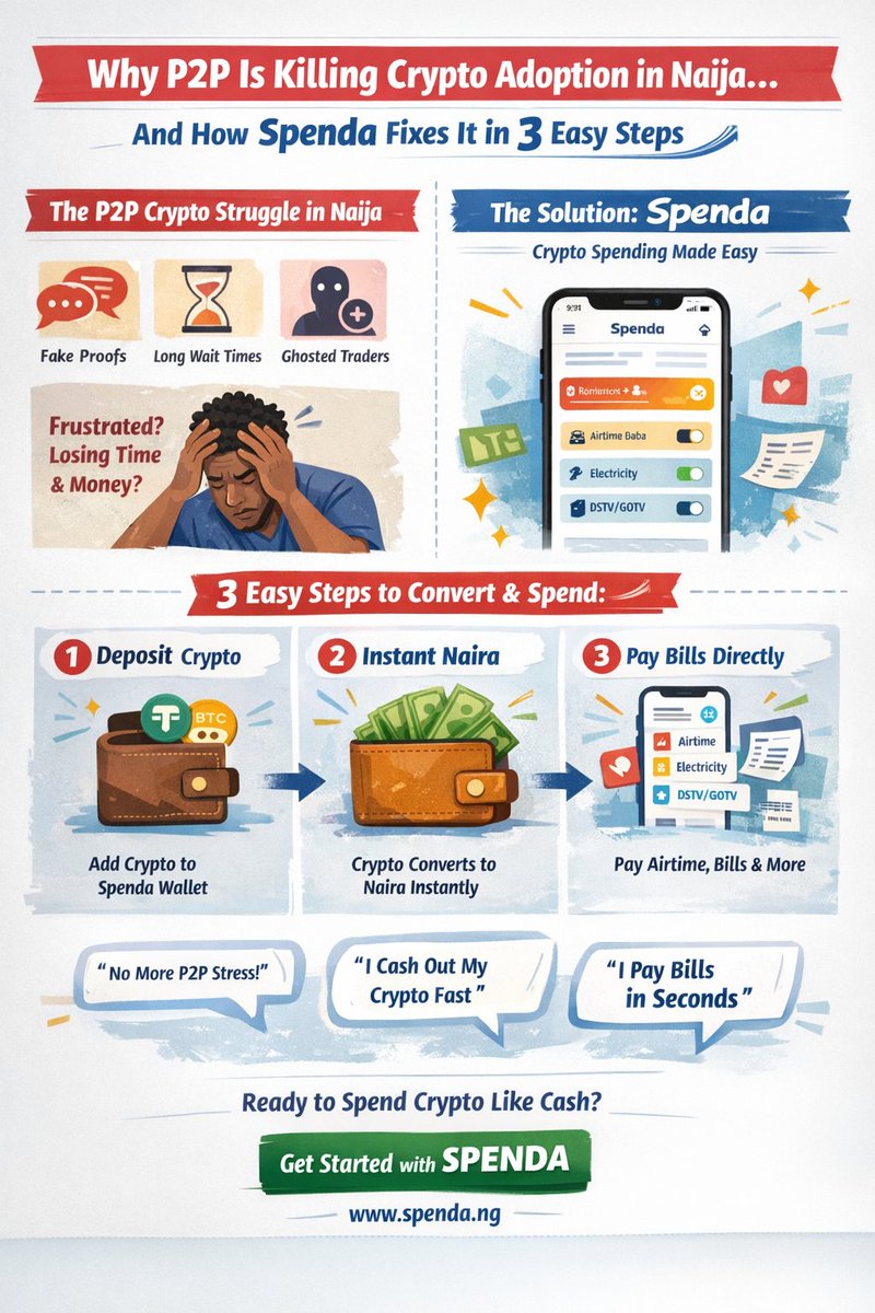 GiftNile's tweet photo. The frustration that comes with #P2P transactions is real 

#spenda makes it easy in 3 simple steps 

✅ Deposit crypto
✅ Convert to Naira instantly
✅ Pay bills directly

With @MySpenda their are No stories. Just spend crypto like cash. https://t.co/oOgbJDgeVf