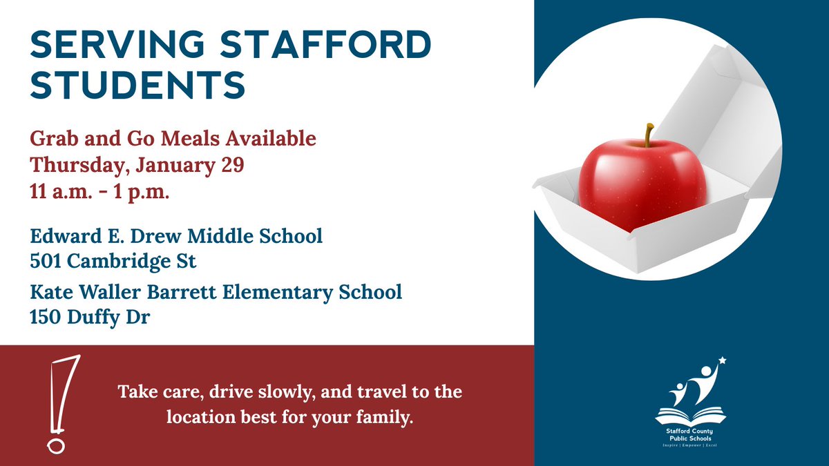 Free grab and go meal service for students again tomorrow at Edward E. Drew Middle School and Kate Waller Barrett Elementary School. Meals may be picked up between 11:00 a.m. and 1:00 p.m.