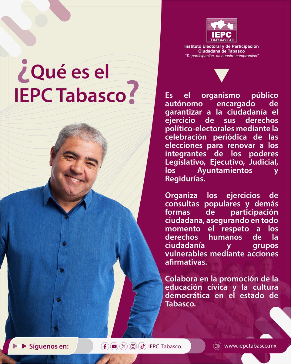 IEPCTabasco's tweet image. El #IEPCTabasco garantiza el respeto a los derechos político-electorales de la ciudadanía, así como grupos vulnerables a través de acciones afirmativas.

"Tu participación, es nuestro compromiso"
 iepctabasco.mx