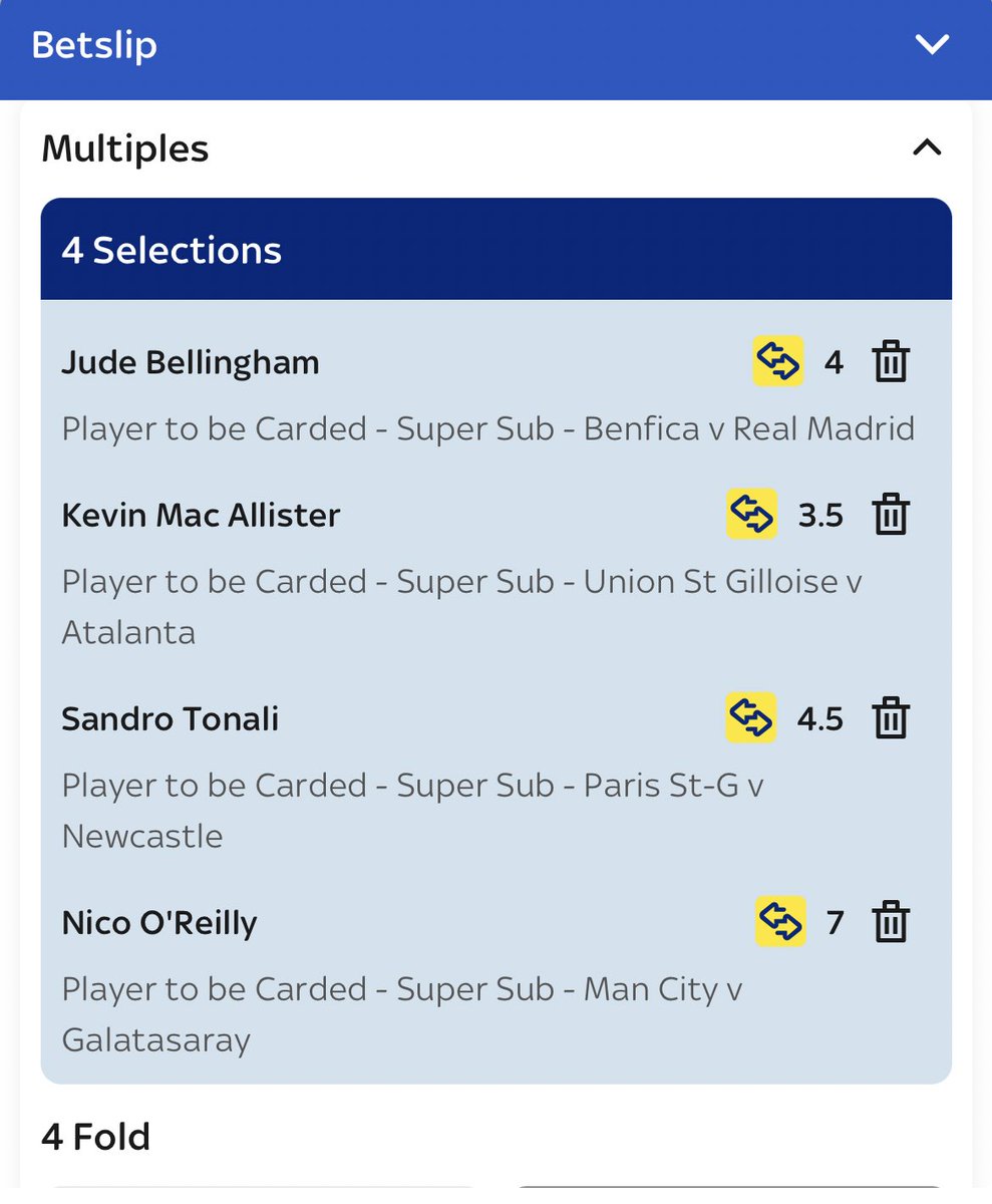 I’m cashing this out and adding O’Reilly, if Gueye does come on later don’t fancy the chances as much…
Now 440/1