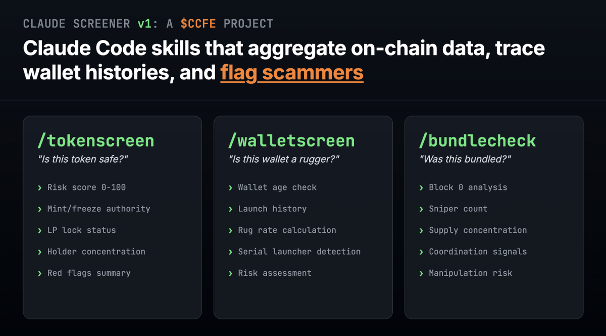carlvellotti's tweet photo. A week ago, someone created $CCFE – a Bags coin for Claude Code for Everyone.

I didn't expect it, but it got me curious about this world.

What I've learned:
• While there IS a lot of fishy stuff in this space, there are also a lot of cool people working on cool things
• What @finnbags has built with @BagsApp is kind of awesome

To unify actual CCFE and $CCFE, my question: Can Claude Code help keep CT safe?

I think the answer is yes.

A major problem is that due diligence takes forever.

You need to:
• Check RugCheck
• Trace wallet histories on Solscan
• Look for bundled launches
• Figure out if the dev has rugged before.

It's 30+ minutes of technical drudgery that most people skip.

Luckily Claude thrives on technical drudgery and is happy to do it for you!

As a starting point, I built three skills to investigate tokens and devs with Claude Code:

1️⃣ /tokenscreen – "Is this token safe?"

→ /tokenscreen [token_address]

Paste a contract address and Claude pulls data from RugCheck, Helius, and other sources to build a complete safety profile.

It checks authorities, LP status, holder concentration, and cross-references everything to surface red flags you might miss scanning five different tabs.

2️⃣ /walletscreen – "Is this wallet a rugger?"

→ /walletscreen [wallet_address]

This is where Claude Code shines. Give it a wallet and it analyzes recent token launch activity to identify rug patterns. Then it chases down each one – checking if it rugged, how long it lasted, what the pattern looks like.

3️⃣ /bundlecheck – "Was this bundled?"

→ /bundlecheck [token_address]

Detects the coordinated sniping pattern where scammers create dozens of wallets that all buy in Block 0. The top holder list looks "distributed" but it's actually one person.

Claude analyzes the first block of trading to count snipers, measure supply concentration, and flag manipulation.

––

This is just v1 of a comprehensive set of tools to help CT DYOR using Claude Code (and learn to use Claude Code!)

Try it out!

Ask Claude Code to help you set up and install these skills:
https://t.co/Nm9UE4atu2

Examples in 🧵👇