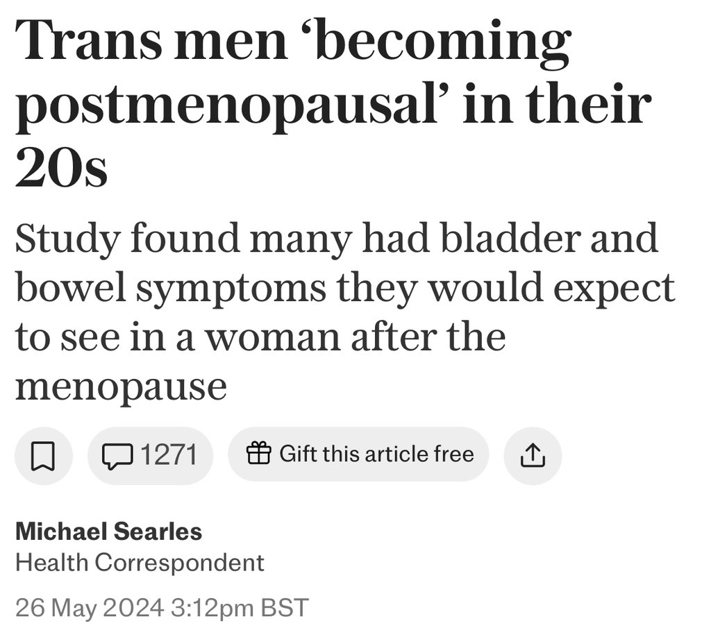 JournalismSEEN's tweet image. ‘Transgender men are suffering from “postmenopausal” problems like incontinence in their 20s because of taking testosterone, a study has revealed’

It’s not clear enough in the headline, subhead and first paragraph that we’re talking about women. 
/