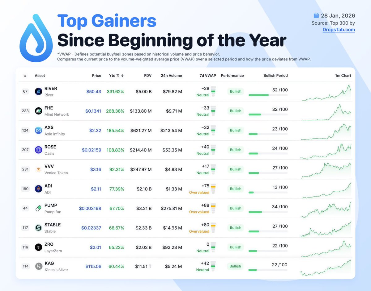 🚀 Top #Crypto gainers YTD: $RIVER (+331%), $FHE (+268%), $AXS (+185%). ⚠️  VWAP signals show some are overvalued—trade with caution. 📊 Dive deeper  into the data with @DropsTab.