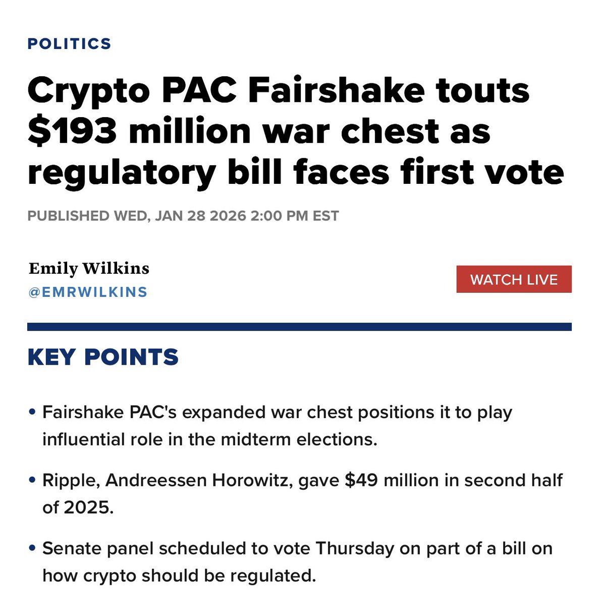 🚨New: Crypto super PAC Fairshake now holds $193M by the end of 2025,  positioning it to play a major role in the 2026 midterms. Major  contributions in 2025 came from Coinbase ($25M),