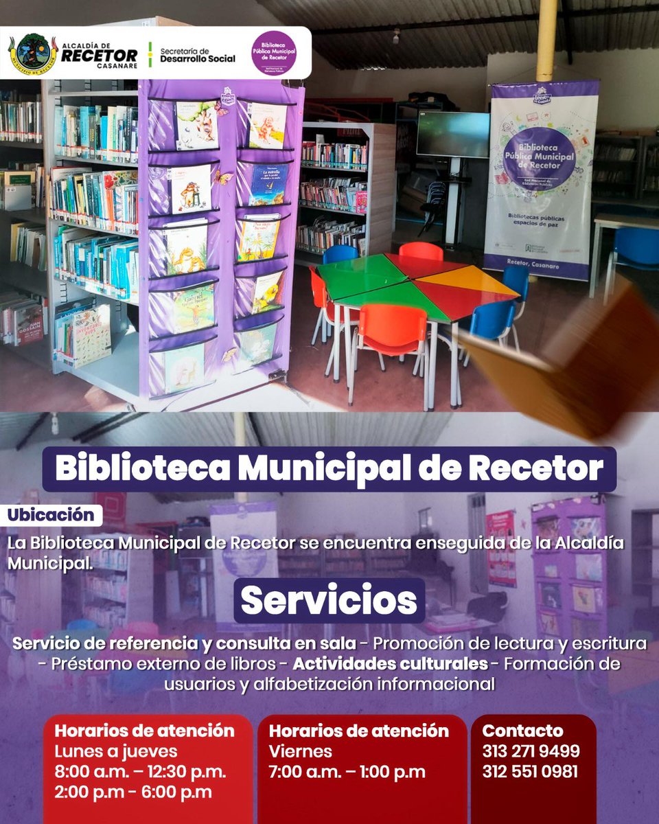 La administración a través de la Secretaría de Desarrollo Social, informa a toda la comunidad que la Biblioteca Pública Municipal de Recetor continúa prestando sus servicios como un espacio abierto para el encuentro, la educación y el fortalecimiento cultural del municipio.