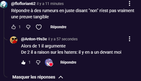 J'allais m'énerver car j'ai reçu un commentaire de con, sauf que ; Un gars à répondu et à bien ratio comme il fallais