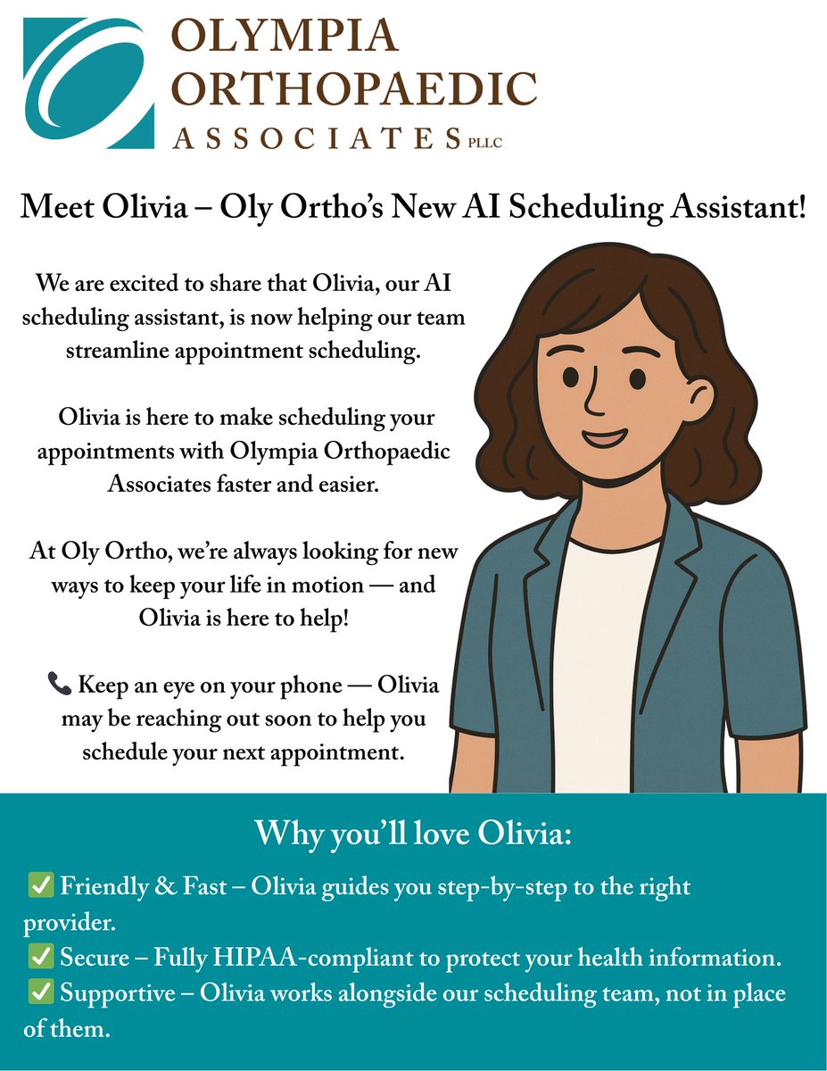 📣 Meet Olivia — our AI scheduling assistant! 🤖📅Olivia is helping streamline follow-ups &amp; new patient referrals. 

✨ What to Know:
• 🔒 HIPAA-compliant
• 📞 Handles referrals &amp; follow-ups
• 👥 Team support—not replacement

#TeamOOA #LifeInMotion