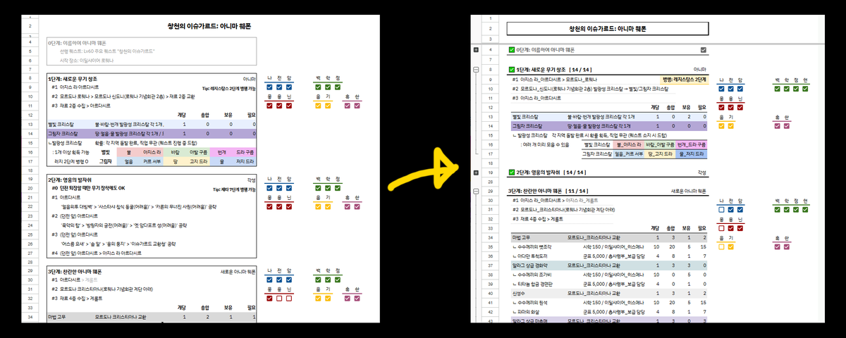 [작업중]
고대무기 시트는 v7.41 직후 배포를 목표로 준비중입니다. 21년도에 만든 틀이다 보니 이제는 정말 고칠 때가 온 것 같아 전체 리모델링도 진행중입니다😅 더 깔끔해진 버전으로 찾아뵙겠습니다!