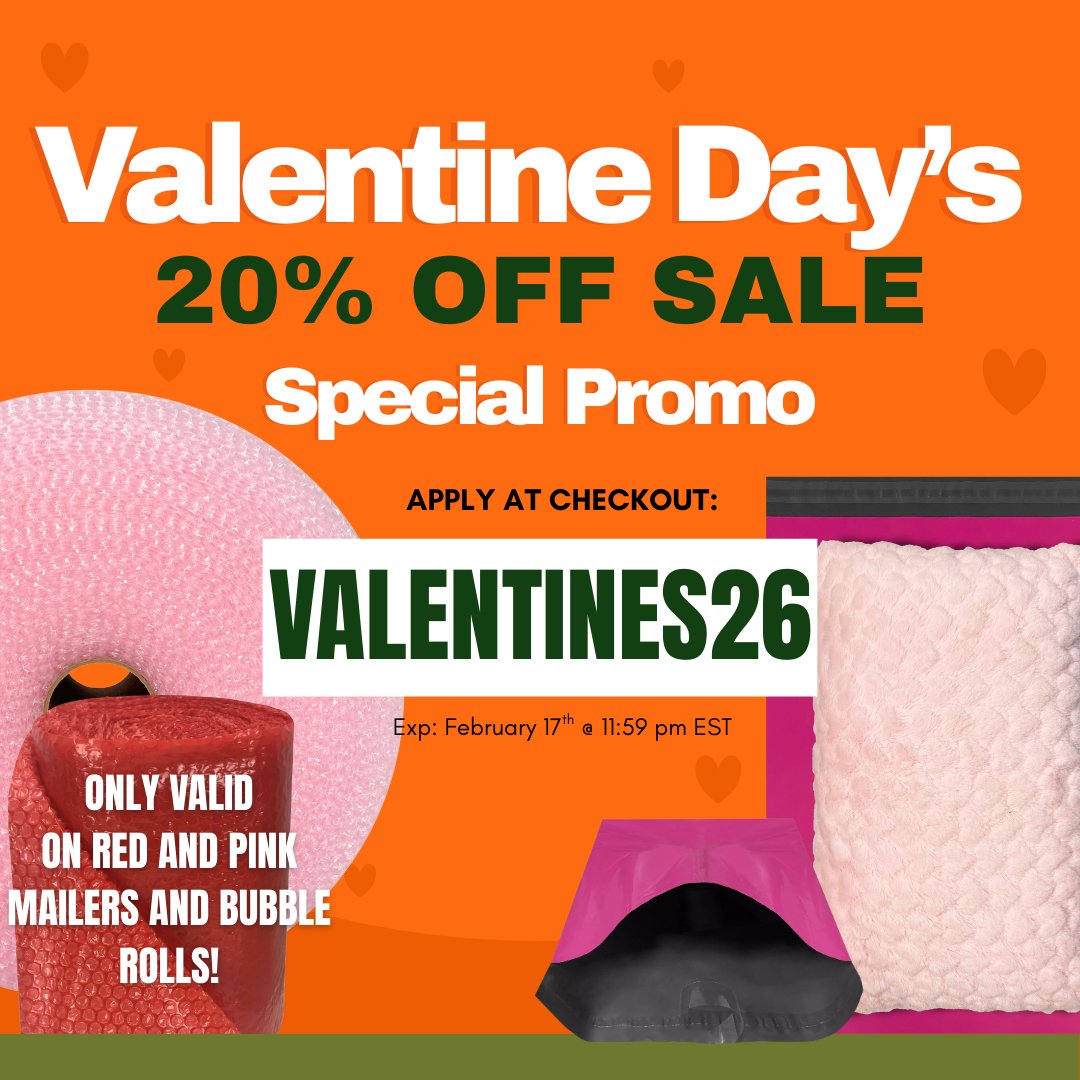 Valentine’s Special 💕
Get 20% OFF select pink &amp; red packing supplies.
Use code VALENTINES26.
Valid on poly mailers &amp; bubble rolls only. Limited time.
#PackagingSupplies #ShippingSupplies #SmallBusiness
