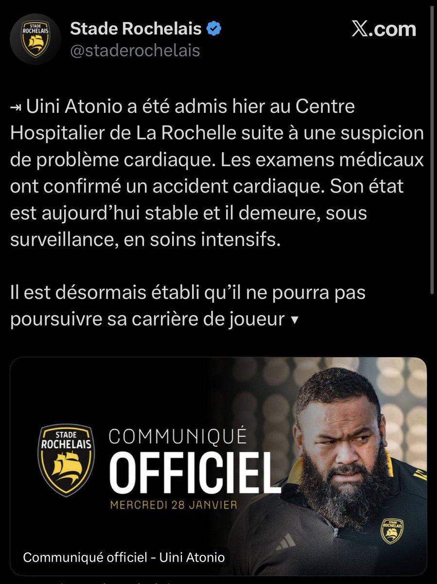 Les <a href="/TOULOUSAINS2P/">Toulousains2Paris</a> de Paris sont de tout cœur avec toi Uini. Nous t'apportons tout notre soutien ainsi qu'à 
tes proches et au <a href="/staderochelais/">Stade Rochelais</a>. Bon rétablissement <a href="/a_wingi/">Uini Atonio</a>