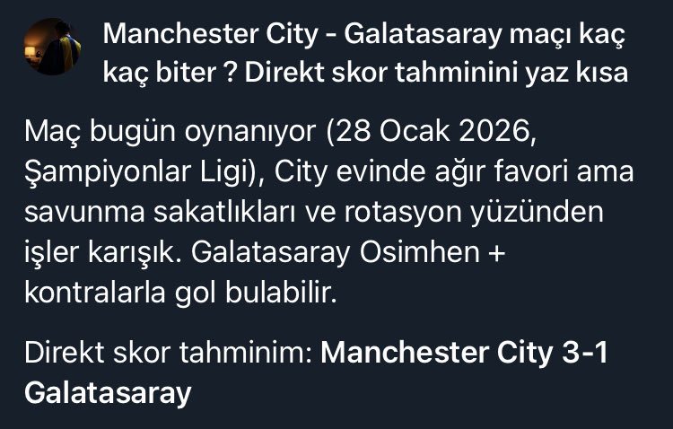 Bakalım yapay zekanın tahmini tutacak mı ? 

Sizce kaç kaç biter ?

#MCIvGS
Manchester City - Galatasaray