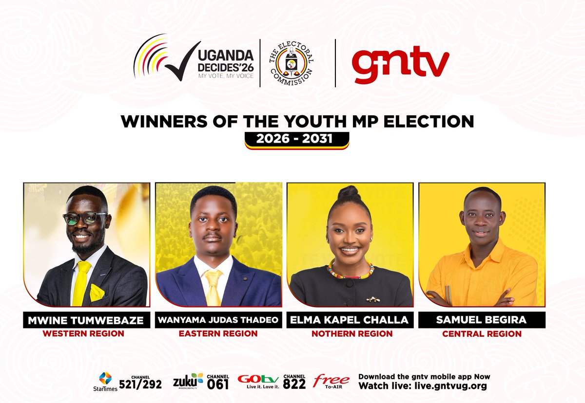 Winners of the Youth MP elections 
Mwine Tumwebaze - Western region 
Wanyama Judas Thadeo - Eastern region 
Elma Kapel Challa - Nothern region 
Samuel Begira - Central region
#GNTVupdates #gntvnews