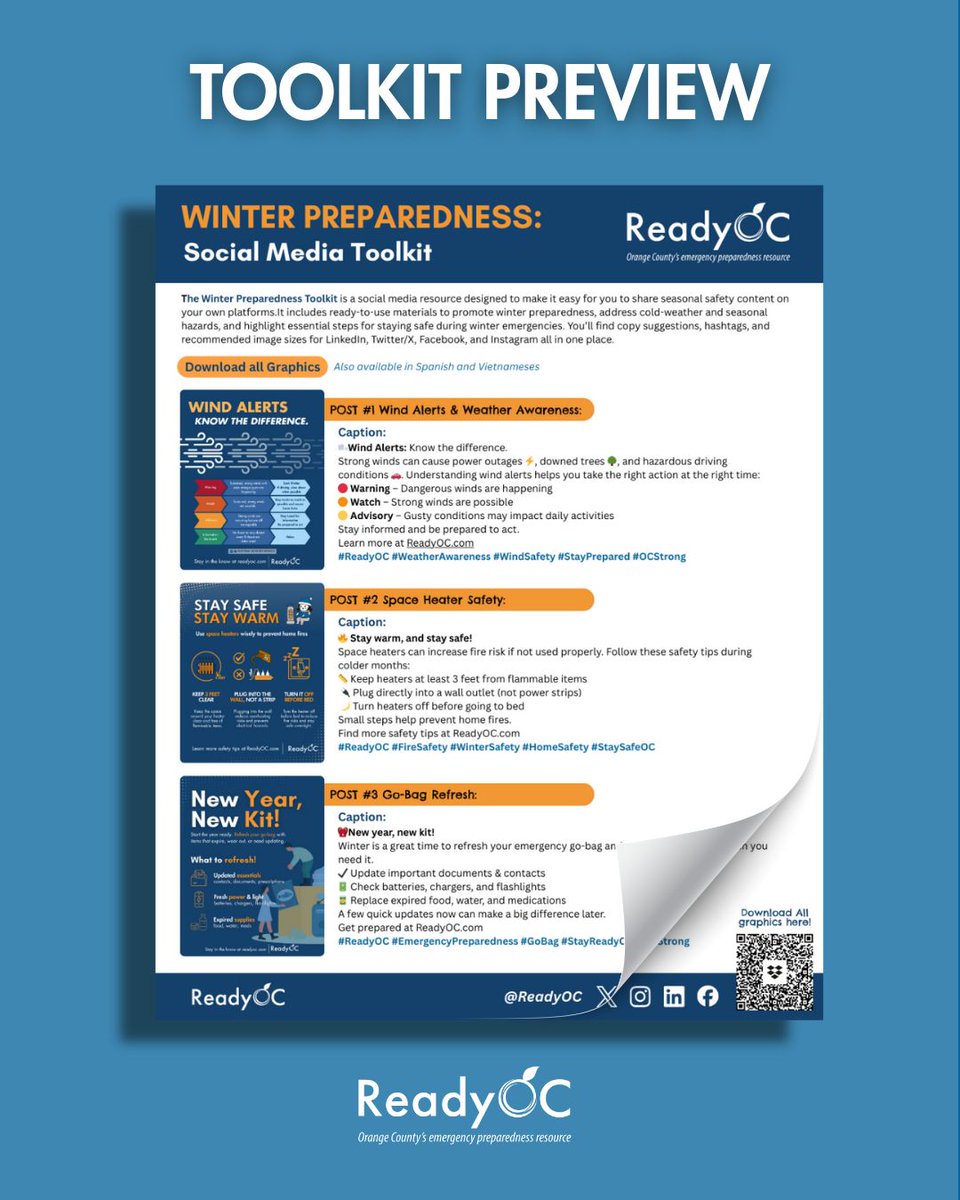✨ New year, refreshed resources!
Our winter social media toolkits are now available on the Ready OC website. Toolkits feature ready-to-share graphics and messaging in multiple aspect ratios, and languages, for easy use across platforms. Built for cities, agencies, organizations,