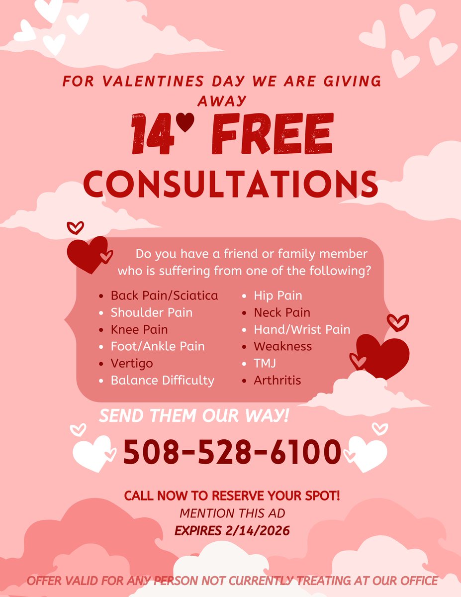 ProPTFranklin's tweet photo. 💘 This Valentine’s Day, give the gift of feeling better. 💘

📞 Call Today: 508-528-6100

Know someone who could benefit? Tag them or send them our way! ❤️ https://t.co/hZKZr8zjLl
