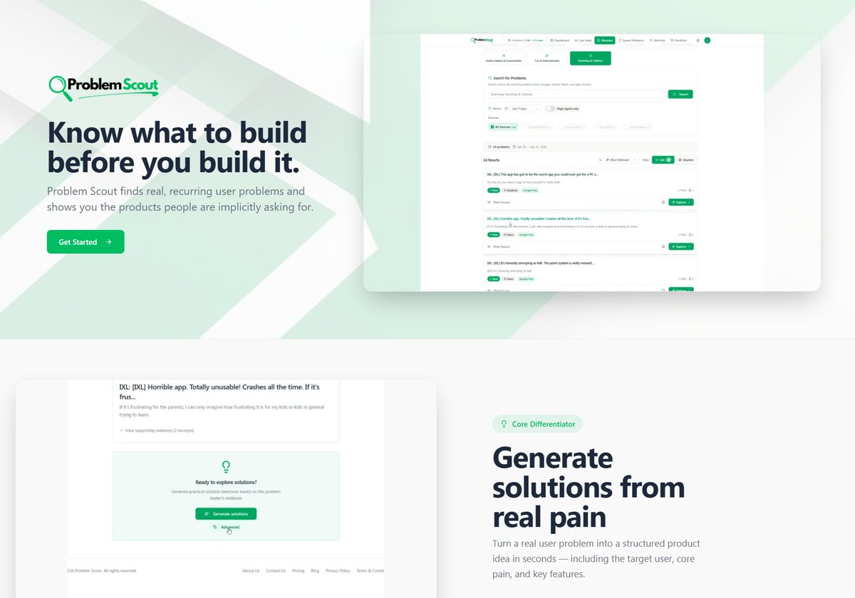 Joey_NoCode's tweet image. So today is the day I am pleased to announce that Problem Scout is now  🎆 LIVE!! 🎆

So What is Problem Scout?

It’s a tool for founders who are tired of guessing and want to see the actual problems people keep repeating online.

Not only that, it generates real solutions based…